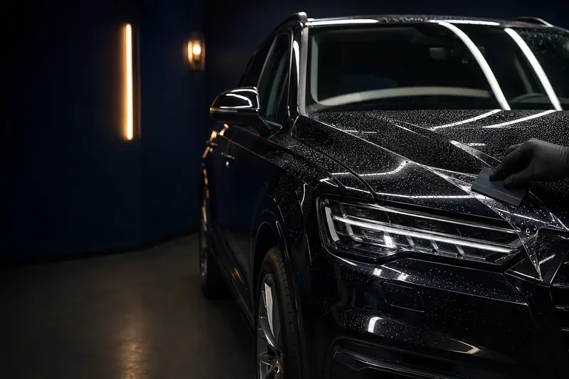 Glossy black SUV with a fresh ceramic coating under shop lights