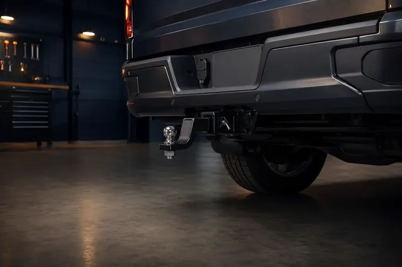 Rear of a dark heavy-duty pickup truck with a receiver hitch